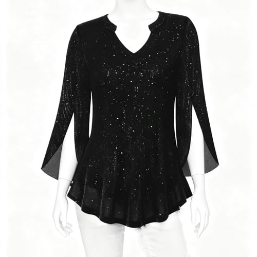 Shimmery Top Sequin Tops for Women Dressy V Neck Ruffle 3/4 Sleeve Sparkly Going Out Top Fall Womens Clothes 2026 Blusas De Verano para Mujer Wardrobe Capsule Woman Over 50 Black - image 6