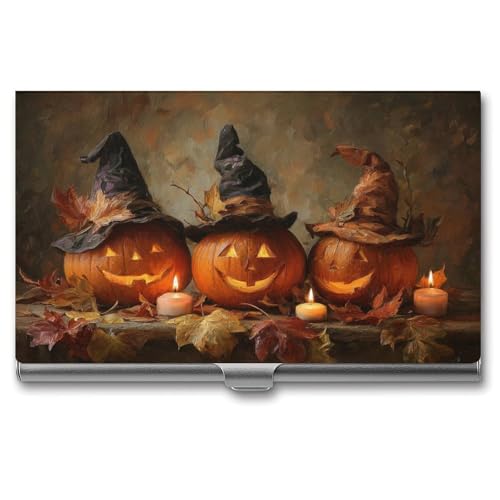 Three Pumpkins Witch Hats Business Card Holder, Pocket Slim Portable Metal Business Card Case for Women Men