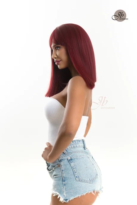 Miniatura 3 de Peluca lacia roja NATALE con flequillo completo, corte Bob, pelucas sin pegamento para mujer, pelucas sintéticas naturales para uso diario (pelucas