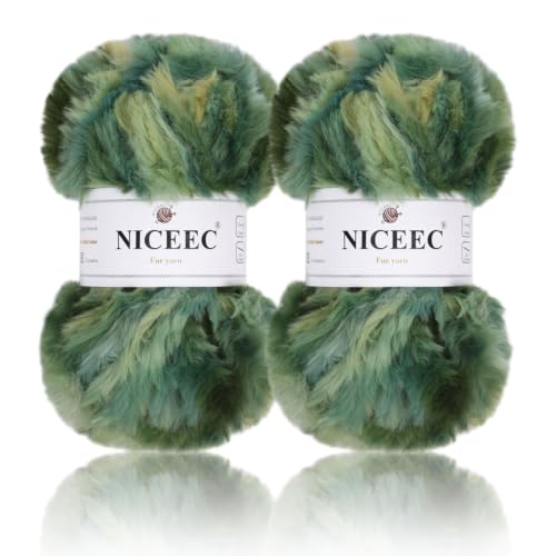 Image of NICEEC 2 Skeins Soft Faux Fur Yarn 70yds,3.53oz- S1195#Green | Crochet & Knit, DIY Project Starter Kit,Handbag,Sun Hat,Shoes, Shopper Bag