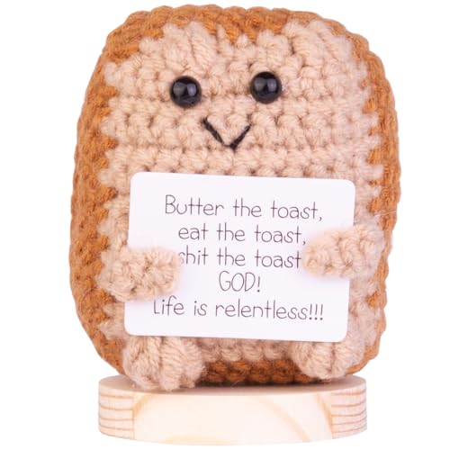 Image of Handmade Emotional Support Toast, Positive Toast Crochet Doll Inspirational Gifts Creative Knitted Holding Card Birthday Christmas Girls Gift Party Decor with Stand(Brown)