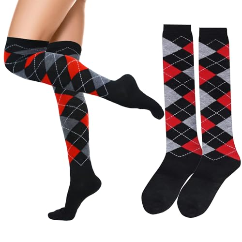 woosnscly Womens Girls Thigh High Socks Argyle Checkered Novelty Over the Knee High Socks Colorful Fashion Crazy Tube Socks Long Stockings 1 Pack