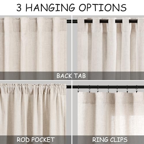 Image of Extra Long Tan Beige Curtains 144 inch Length 2 Panels Set Back Tab Neutral Farmhouse Drapes Light Filtering Semi Sheer Linen Curtain 144 inches Long for Floor to Ceiling Window Patio Sliding Door
