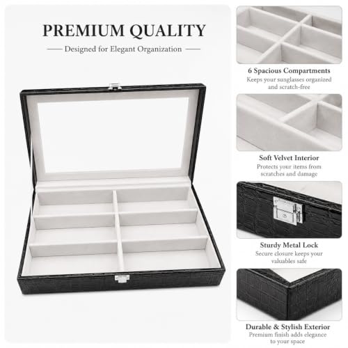 Image of La Trove 6 Slot Sunglasses Organizer Box, Glass Lid Eyewear Storage - Black