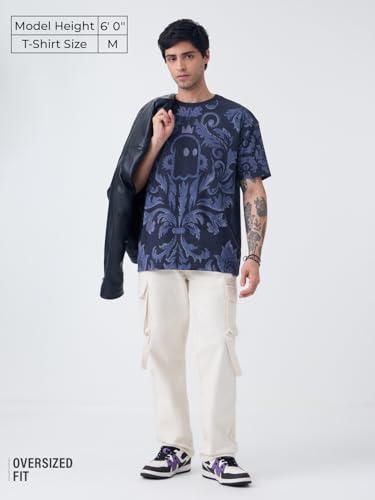 Image of The Souled Store Oversized T-Shirt: Regal Men and Boys Short Sleeves Round Neck Black Graphic Printed Cotton Drop Shoulder Everydaywear Streetwear Casual Oversized T-Shirt