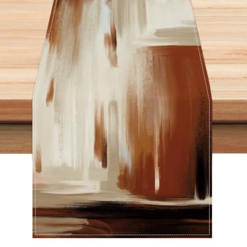 Bonhause Brown Table Runner 13x90 Inch Modern Abstract Art Oil Painting Farmhouse Kitchen Dinning Table Decoration for Indoor Outdoor Home Party Decor