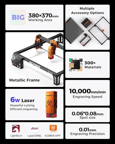 Image of ACMER P1 S Pro 6W (6000mW) Laser Cutter & Engraver Machine,with 380x370mm Large Working Area, WiFi Control, Engraves and Cuts Wood, Acrylic, Leather, Glass, Metal for DIY, Crafts & Small Business