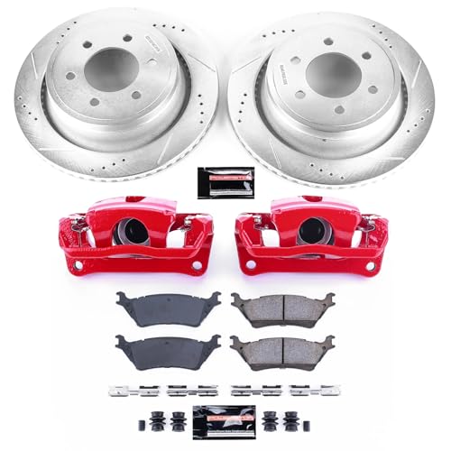 Image of PowerStop Rear Brake & Caliper Kit for Lexus GX460 2010-23 | Toyota 4Runner 2010-24 - Carbon-Fiber Ceramic Brake Pads + Drilled & Slotted Rotors + Red Powder Coated Calipers, KC5875