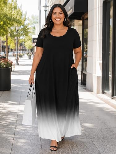Image of PinkPatty Women's Plus Size Maxi Dresses Short Sleeve Sundress Summer T-Shirt Beach Long Dress with Pockets