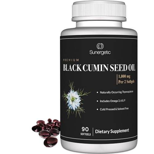Image of Sunergetic Premium Black Cumin Seed Oil Softgels - 1,000mg of Black Seed Oil Per Serving - Non GMO Cold Pressed Nigella Sativa - Includes Thymoquinone & Omega's - 90 Softgels
