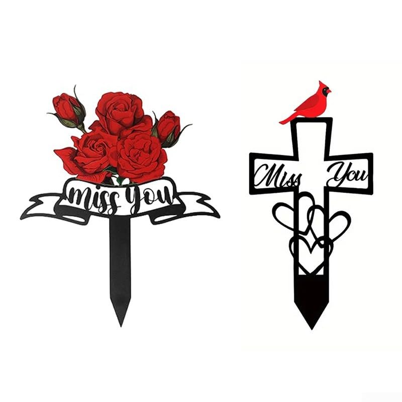 Metal Garden Markers Set of 2, Memorial Cross and Rose Design for Cemetery, Outdoor Grave Decorations, Sympathy Gifts for Loss, Iron Crucifix Garden Stake Remembrance Plaques