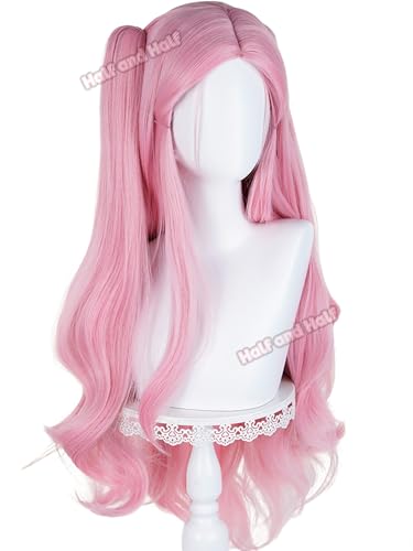 Image of Half and Half Pink Curly Anime Ponytail Wig Long Light Pink Twin Tail Wigs Cute Lolita Costume Wigs for Women Halloween Party Daily