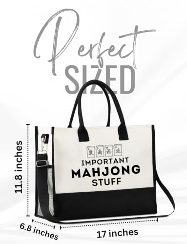 Image of InnoBeta Mahjong Gifts for Women, Mahjong Canvas Tote Bag with Zipper Closure & Shoulder Strap, Mahjongg Gifts for Birthday