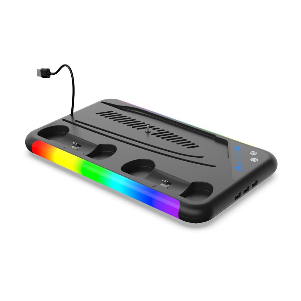 Per PS5 Slim Stand RGB Stazione di Raffreddamento con ventola di Raffreddamento doppio Controller di Ricarica per Play Station5, Per PS5 Slim Console Slim Raffreddamento Dock di Ricarica (nero)