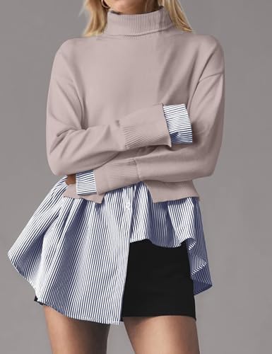 Image of MISSACTIVER Women Slit Turtleneck Patchwork Sweater 2 in 1 Buttons Down Pullover Knit Sweater Asymmetrical Hem Shirt Top