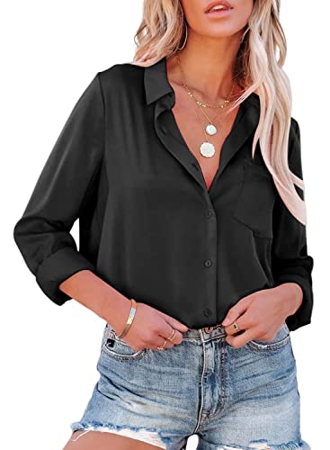 Damen Bluse V-Ausschnitt Elegant Hemden Langarm Casual Arbeit Oberteile mit Knöpfen Hemd Lose Langarmshirt Einfarbig Tops Schwarz S Cover