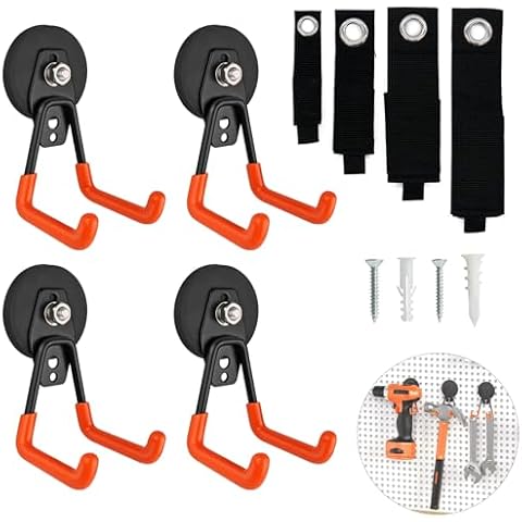 SOEKAVIA Heavy Duty Magnetic Garage Hooks, 4 Pcs Magnet Garage Storage Hooks with Extension Cord Organizer, Utility Magnetic Hooks for Metal Cabinet Garage Shelve Tool Cart Garden Tools (Orange) Cover