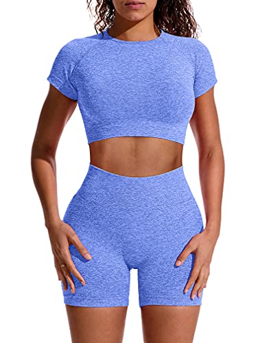 GXIN Women Workout 2 Piece Outfit Yoga Stretch Top Set High Waist Sport Shorts Blue
