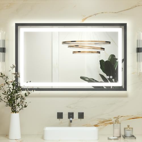 Keonjinn Black Bathroom Mirror with Led Lights 100x60cm, Antifog Vanity Mirror Black Frame Back and Front Lit 3 Colour Dimmable Illuminated Wall Mounted Rectangle Digital Mirrors