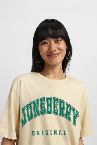 Image of JUNEBERRY Pure Cotton Oversized Drop Shoulder Brand Logo Typography Print Round-Neck Baggy Fit T-Shirt for Women (Available in Navy, Green & Pink Colors)