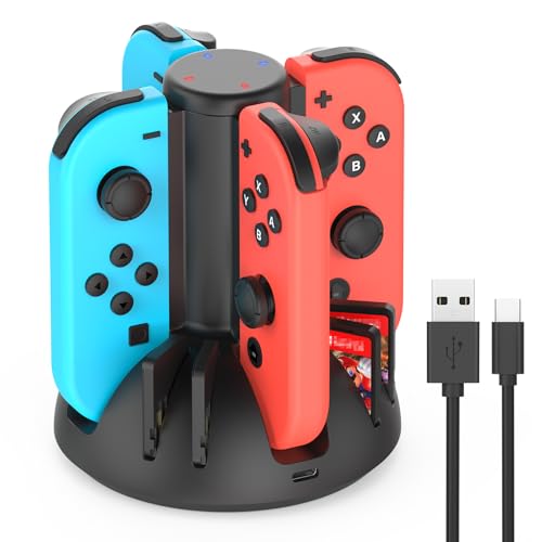 SATURNDOCK Ladestation Kompatibel mit Nintendo Switch 1 Controller mit individueller LED-Anzeige, Halterung für Switch 1 Joy Con Stand, mit 8 Spiele Lagerung