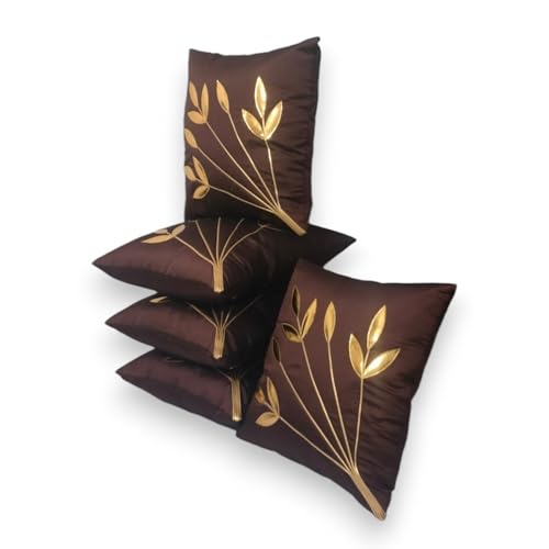 Image of Golden Floral Cushion Covers, 16x16 Inch, Set of 5 (Brown-with-Filler)