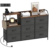 HOMCOM Cómoda con estación de carga, 8 cajones de tela plegables, cómoda de dormitorio, armario de almacenamiento, estante abierto y ganchos, marco de acero, para dormitorio, salón, pasillo, marrón