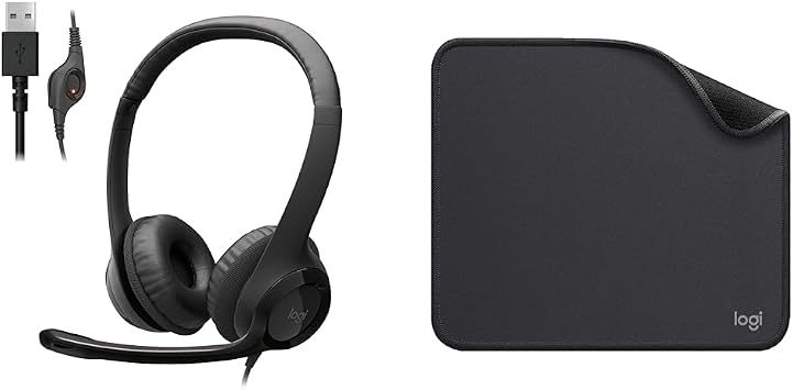 Logicool Headset, USB Connection, Noise Cancelling, Microphone Included, H390r Stereo Control, Lightweight, Black, Windows, Mac, Chrome, MP10GR Mouse Pad, Water Repellent, Small, Anti-Slip, Graphite
