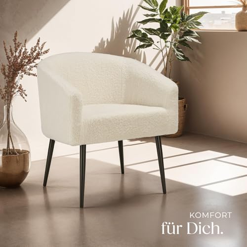 tectake® Lounge Sessel beige mit Polster, Wohnzimmer Möbel, Relaxsessel modern, skandi Loungesessel, Cocktailsessel Bouclé Plüsch Stoff, Armlehnstuhl mit Metallbeinen, Lesesessel Schlafzimmer