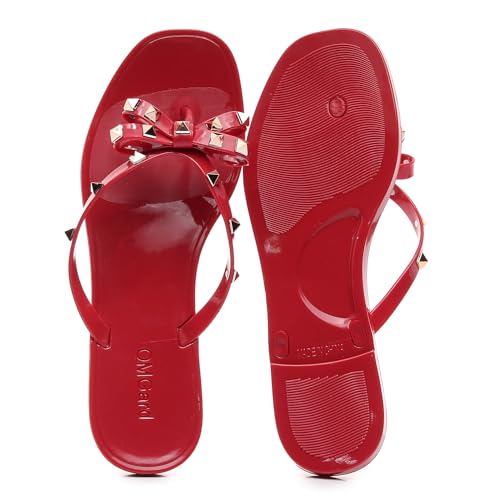 Womens Studded Sandals Bow Flip Flops Jelly Shoes Womens Beige Jellies Flat Size 7, Summer Beach Thong Slides with Rivets Dressy Slippers Slip On3