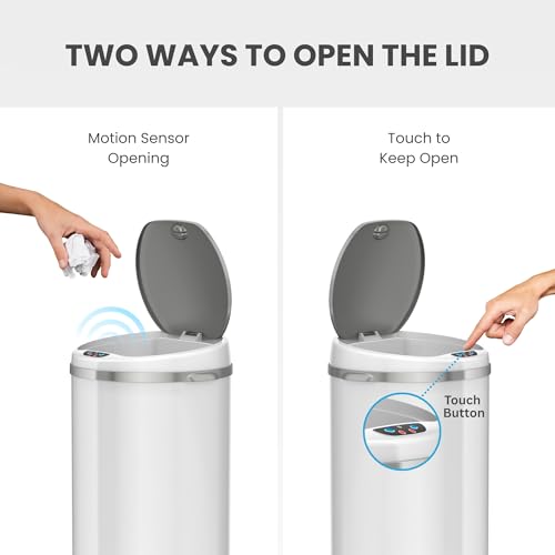 Image of iTouchless 50 Liter / 13 Gallon Sensor Kitchen Trash Can with Odor Filter - Slim Round White Stainless Steel Automatic Garbage Recycling Bin for Home, Office, Business, Garage
