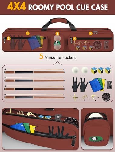 PEKREWS Pool Cue Case 4x4 Pool Stick Bag with Backpack Straps Soft Billiard Cue Carrying Case with Shoulder Strap, Billiard Stick Case Holds 4 Butts 4 Shafts and Billiards Accessories, Red