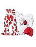 ADIFUN Newborn Girl Clothes Ruffle white little lady Long-Sleeved Seven-star ladybug Baby Bell Bottoms Pants Romper Stuff Baby Girl Newborn Photography Outfits Girl 4-Pcs Gifts set…