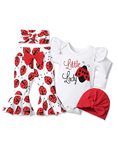 Image of ADIFUN Baby Girl Clothes,4pcs Infant Newborn Girl Outfits Ruffle Romper Baby Bell Bottoms Headband Bandana Clothes Sets Gifts