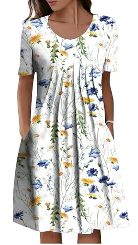 Image of LOVESHOOT Size M Summer Dresses for Women Casual Short Sleeve Knee Length T-Shirt Dress Swing Flowy Loose Fit A Line Boho Midi Dress with Pockets Floral 02 White