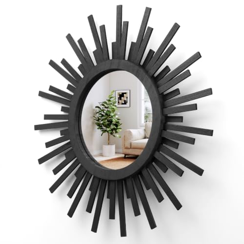 amoard 24 Inch Boho Sunburst Mirror, Round Wooden Wall Decor Starburst Sun Mirror for Bedroom, Living Room, Bathroom, Hallway, Balcony, Farmhouse Entryway, Housewarming Gift（Black