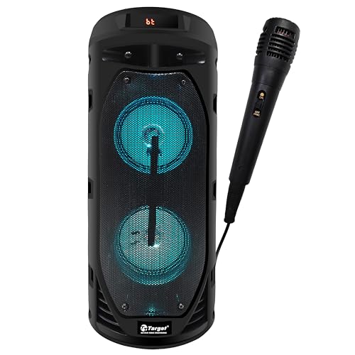 Image of Target TT-BSM-443 Dual 4-inch Drivers Portable Rechargeable Bluetooth Speaker with RGB Light, Wired Karaoke Mic, TF Card, USB, AUX, C Type Charging Port, 50W, Black