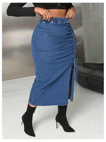 MakeMeChic Women's Plus Size Denim Skirt Elastic Waist Drawstring Ruched Split Hem Vintage Midi Jean Skirts3