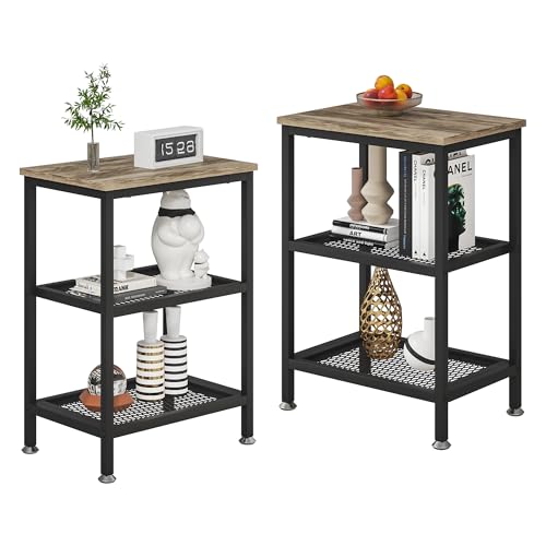 VECELO Tall End Side Tables, 30" Height Nightstand with 3-Tier Storage Shelf for Bedroom Living Room, Easy Assembly,Industrial Style, Grey