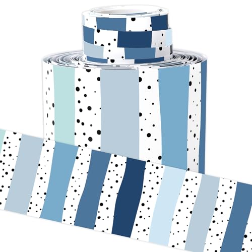 Image of Whaline 32.8Ft Summer Classroom Bulletin Board Border Dusty Blue Dot Stripe | Die-Cut Rolled Border Trim, for Back to School Winter Chalkboard Wall Decoration