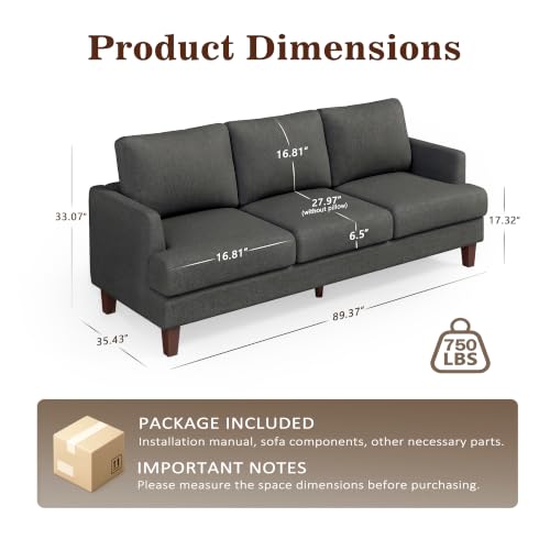 Image of Gericco Mid Century Modern 89 inch 3-Seater Couch for Living Room, Dark Grey