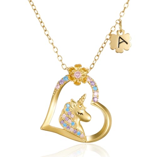 SWEETV Hypoallergenic Unicorn Necklace for Girls - 18K Gold Plated Cubic Zirconia Initial Heart Pendant, Unicorn Jewelry Gifts for Birthday/Christmas