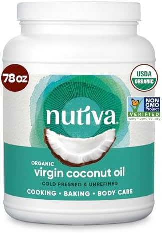 Nutiva Organic Coconut Oil 78 fl oz, Cold-Pressed, Fresh Flavor for Cooking Oil, Natural Hair Oil, Skin Oil, Massage Oil and, Non-GMO, USDA Organic, Unrefined Extra Virgin Coconut Oil (Aceite de Coco)