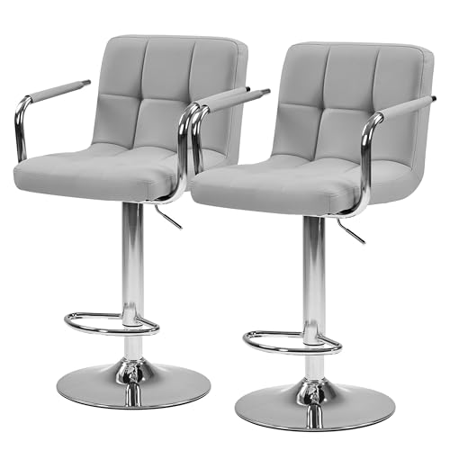 Image of HealSmart Bar Stools Set of 2, Adjustable Swivel Bar Chairs with Cushioned Armrests & Ergonomic Backrest, Water-Resistant PU Leather for Kitchen Island Counter Pub Dining Room, Grey