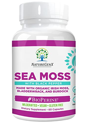 NatureGenX Certified Organic Sea Moss Capsules – Wildcrafted Irish SeaMoss, Bladderwrack Plus Burdock Root Capsules for Thyroid, Gut Health and Immune Support – 60 Pills