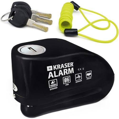 KRASER 6Y Candado Moto con Alarma 110dB, Antirrobo Disco Reforzado, 3 Llaves (Otros 2) Alta Seguridad, Impermeable, Accesorios Cable Bolsa Pilas, Pinza Cepo Bloqueo 6mm Universal Scooter Bicicleta