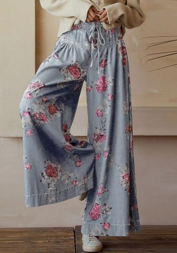 loveimgs Women Elastic Waist Boho Wide Leg Pleated Palazzo Pants Ruffle Denim Drawstring Jeans Floral Print Baggy Sweatpants2