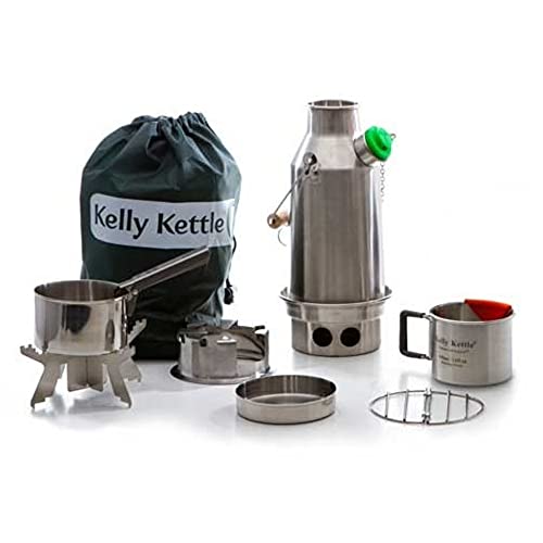 Kelly Kettle Zestaw czajnika trekkingowego – pojemność 0,6 l / 590 ml czajnik kempingowy ze stali nierdzewnej | gwizdki po ugotowaniu | piec kempingowy na drewno | do wędrówek, pikników, wędkowania