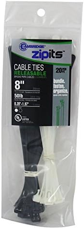 Cambridge ZipIts Releasable Nylon 6/6 UL Listed Cable Ties 20 Pack Assortment, Natural and UV Resistant Black, 8-in 50 Lb, 10 per Color, Contractor Quality and Strength