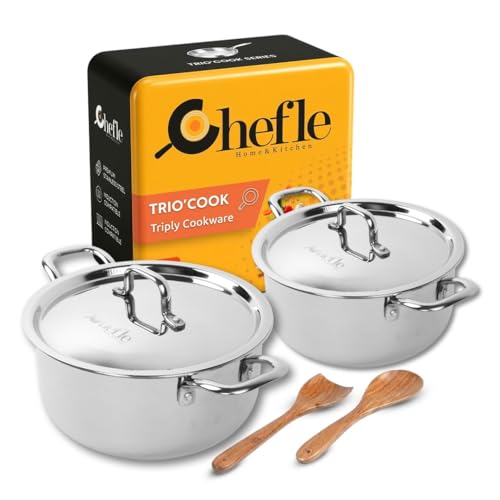 Image of Trio-Cook Triply Stainless Steel Saucepot Combo | 22cm (4.5L) and 26cm (6.5L) Pots with Steel Lids | Induction and Gas Compatible | Rust-Resistant Cookware Set